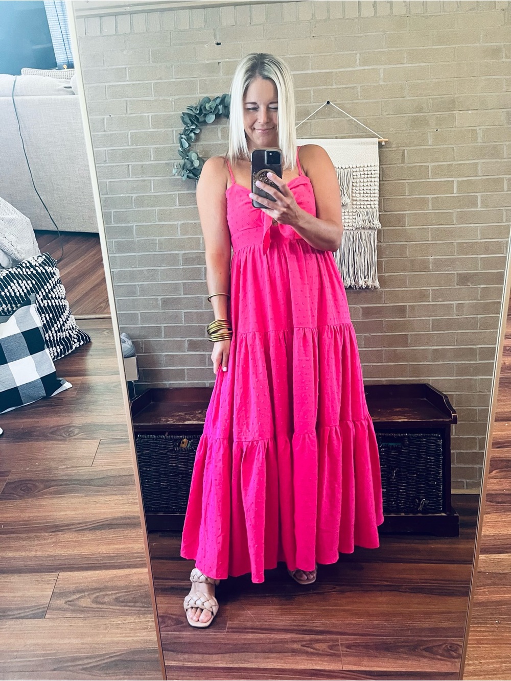 TCEC Hot Pink Tie-Front Spaghetti Strap Maxi Dress